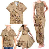 Brown Bula Fiji Family Matching Tank Maxi Dress and Hawaiian Shirt Fijian Dance Fan Tapa Cloth Pattern