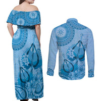 Blue Bula Fiji Couples Matching Off Shoulder Maxi Dress and Long Sleeve Button Shirt Fijian Dance Fan Tapa Cloth Pattern