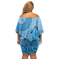 Blue Bula Fiji Family Matching Off Shoulder Short Dress and Hawaiian Shirt Fijian Dance Fan Tapa Cloth Pattern
