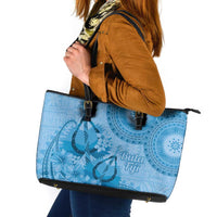 Blue Bula Fiji Leather Tote Bag Fijian Dance Fan Tapa Cloth Pattern