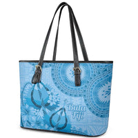 Blue Bula Fiji Leather Tote Bag Fijian Dance Fan Tapa Cloth Pattern
