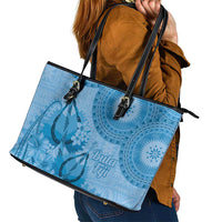 Blue Bula Fiji Leather Tote Bag Fijian Dance Fan Tapa Cloth Pattern