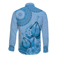Blue Bula Fiji Long Sleeve Button Shirt Fijian Dance Fan Tapa Cloth Pattern