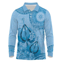 Blue Bula Fiji Long Sleeve Polo Shirt Fijian Dance Fan Tapa Cloth Pattern
