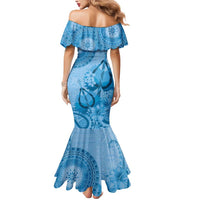 Blue Bula Fiji Mermaid Dress Fijian Dance Fan Tapa Cloth Pattern