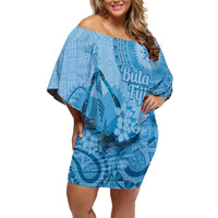 Blue Bula Fiji Off Shoulder Short Dress Fijian Dance Fan Tapa Cloth Pattern