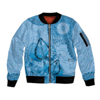 Blue Bula Fiji Sleeve Zip Bomber Jacket Fijian Dance Fan Tapa Cloth Pattern