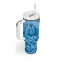 Blue Bula Fiji Tumbler With Handle Fijian Dance Fan Tapa Cloth Pattern