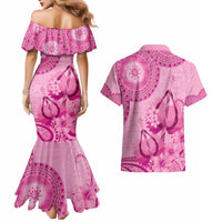 Pink Bula Fiji Couples Matching Mermaid Dress and Hawaiian Shirt Fijian Dance Fan Tapa Cloth Pattern