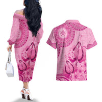 Pink Bula Fiji Couples Matching Off The Shoulder Long Sleeve Dress and Hawaiian Shirt Fijian Dance Fan Tapa Cloth Pattern