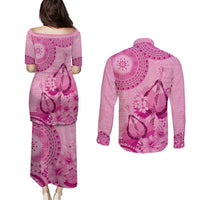 Pink Bula Fiji Couples Matching Puletasi and Long Sleeve Button Shirt Fijian Dance Fan Tapa Cloth Pattern