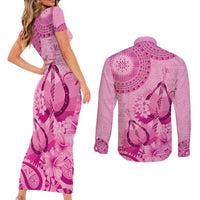 Pink Bula Fiji Couples Matching Short Sleeve Bodycon Dress and Long Sleeve Button Shirt Fijian Dance Fan Tapa Cloth Pattern