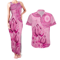 Pink Bula Fiji Couples Matching Tank Maxi Dress and Hawaiian Shirt Fijian Dance Fan Tapa Cloth Pattern
