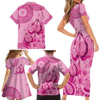 Pink Bula Fiji Family Matching Short Sleeve Bodycon Dress and Hawaiian Shirt Fijian Dance Fan Tapa Cloth Pattern