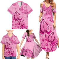 Pink Bula Fiji Family Matching Summer Maxi Dress and Hawaiian Shirt Fijian Dance Fan Tapa Cloth Pattern