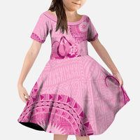 Pink Bula Fiji Kid Short Sleeve Dress Fijian Dance Fan Tapa Cloth Pattern
