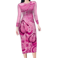 Pink Bula Fiji Long Sleeve Bodycon Dress Fijian Dance Fan Tapa Cloth Pattern