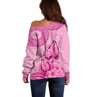 Pink Bula Fiji Off Shoulder Sweater Fijian Dance Fan Tapa Cloth Pattern