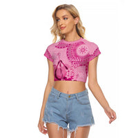 Pink Bula Fiji Raglan Cropped T Shirt Fijian Dance Fan Tapa Cloth Pattern