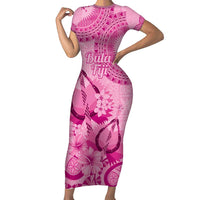 Pink Bula Fiji Short Sleeve Bodycon Dress Fijian Dance Fan Tapa Cloth Pattern