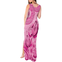 Pink Bula Fiji Tank Maxi Dress Fijian Dance Fan Tapa Cloth Pattern