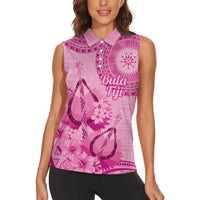 Pink Bula Fiji Women Sleeveless Polo Shirt Fijian Dance Fan Tapa Cloth Pattern