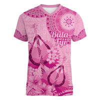 Pink Bula Fiji Women V-Neck T-Shirt Fijian Dance Fan Tapa Cloth Pattern