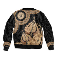 Black Bula Fiji Bomber Jacket Fijian Dance Fan Tapa Cloth Pattern