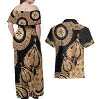 Black Bula Fiji Couples Matching Off Shoulder Maxi Dress and Hawaiian Shirt Fijian Dance Fan Tapa Cloth Pattern