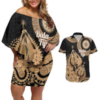 Black Bula Fiji Couples Matching Off Shoulder Short Dress and Hawaiian Shirt Fijian Dance Fan Tapa Cloth Pattern