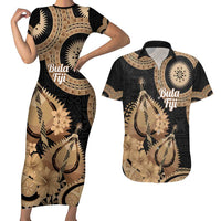 Black Bula Fiji Couples Matching Short Sleeve Bodycon Dress and Hawaiian Shirt Fijian Dance Fan Tapa Cloth Pattern