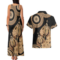 Black Bula Fiji Couples Matching Tank Maxi Dress and Hawaiian Shirt Fijian Dance Fan Tapa Cloth Pattern