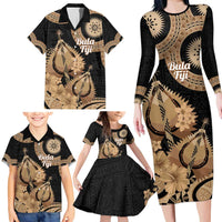 Black Bula Fiji Family Matching Long Sleeve Bodycon Dress and Hawaiian Shirt Fijian Dance Fan Tapa Cloth Pattern