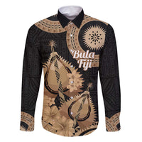 Black Bula Fiji Family Matching Long Sleeve Bodycon Dress and Hawaiian Shirt Fijian Dance Fan Tapa Cloth Pattern