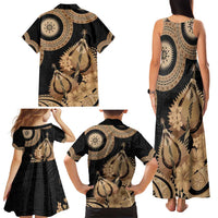 Black Bula Fiji Family Matching Tank Maxi Dress and Hawaiian Shirt Fijian Dance Fan Tapa Cloth Pattern