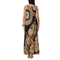 Black Bula Fiji Family Matching Tank Maxi Dress and Hawaiian Shirt Fijian Dance Fan Tapa Cloth Pattern