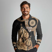 Black Bula Fiji Long Sleeve Polo Shirt Fijian Dance Fan Tapa Cloth Pattern
