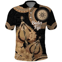 Black Bula Fiji Polo Shirt Fijian Dance Fan Tapa Cloth Pattern
