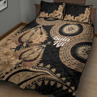 Black Bula Fiji Quilt Bed Set Fijian Dance Fan Tapa Cloth Pattern