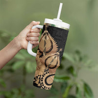 Black Bula Fiji Tumbler With Handle Fijian Dance Fan Tapa Cloth Pattern LT14 - Polynesian Pride