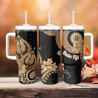 Black Bula Fiji Tumbler With Handle Fijian Dance Fan Tapa Cloth Pattern LT14 - Polynesian Pride