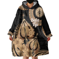 Black Bula Fiji Wearable Blanket Hoodie Fijian Dance Fan Tapa Cloth Pattern LT14 - Polynesian Pride
