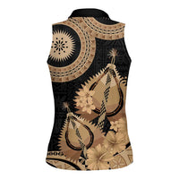 Black Bula Fiji Women Sleeveless Polo Shirt Fijian Dance Fan Tapa Cloth Pattern