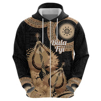 Black Bula Fiji Zip Hoodie Fijian Dance Fan Tapa Cloth Pattern