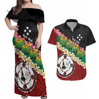 Frangipani Festival Rabaul East New Britain Couples Matching Off Shoulder Maxi Dress and Hawaiian Shirt Dukduk Dance With Plumeria - Polynesian Pride