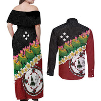 Frangipani Festival Rabaul East New Britain Couples Matching Off Shoulder Maxi Dress and Long Sleeve Button Shirt Dukduk Dance With Plumeria - Polynesian Pride