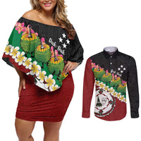 Frangipani Festival Rabaul East New Britain Couples Matching Off Shoulder Short Dress and Long Sleeve Button Shirt Dukduk Dance With Plumeria - Polynesian Pride