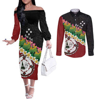 Frangipani Festival Rabaul East New Britain Couples Matching Off The Shoulder Long Sleeve Dress and Long Sleeve Button Shirt Dukduk Dance With Plumeria - Polynesian Pride