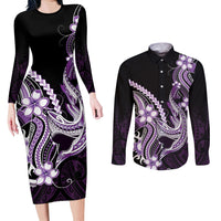 Purple Black Aloha Hawaii Couples Matching Long Sleeve Bodycon Dress and Long Sleeve Button Shirt Polynesian Shark Tattoo Plumeria LT14 Purple - Polynesian Pride