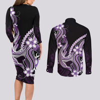 Purple Black Aloha Hawaii Couples Matching Long Sleeve Bodycon Dress and Long Sleeve Button Shirt Polynesian Shark Tattoo Plumeria LT14 - Polynesian Pride
